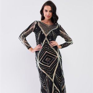 Secret Society Black Sequin Open Back Midi Dress
